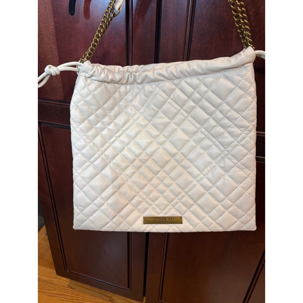 Kurt Geiger Designer Quilted Leather Shoulder Brixton Drawstring Bag Cream